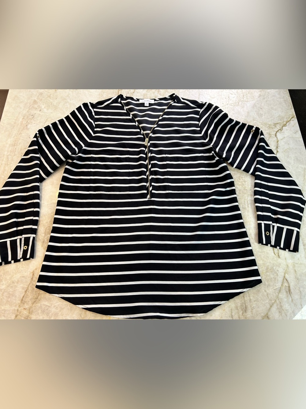 Calvin Klein Black White Striped Zip Front Blouse Top Medium